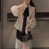 Clear-Tan-Dong Oni Champagne-Colored Bow Blouse + Black Lace Skirt Tight Waist Suit Two Sets Of Women's Summer