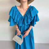 Korean Chic Summer Vintage V-Neck Drawstring Tethered With Wooden Ear Lotus Leaves Folded Waist Flying Sleeve Dress Woman