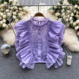 European Court Style Lace Shirt Women's Summer Sleeveless Hooks Hollow Lotus Leaves Side Super Fairy Gold Sweet Blouse