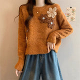 Kaning French Heavy-Industrial Handmade Flower Knitwear 2026 Spring New Shoulder Sleeves Weighted Sweater Women
