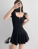 Pure Lusty Age-Dexive Gray U Collar Button Short Sleeve Dress Women Summer Waist Sports Atmosphere A Short Skirt Women