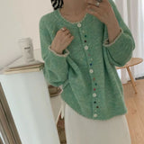 KANING Korean Version Of Color Buckle Bump Color Soft Knitted Cardigan 2026 Autumn And Winter New Loose Thin Round Sweater Woman