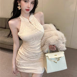 Summer New Chinese Hanging Neck Cheongsam Buckle Dress Girl Small Man High Waist Hot Babes Hip Skirt