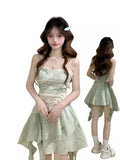 2025 Spring And Summer New Girl Wind Sweet Green Sleeveless Sleeveless Skirt Students To Collect Waist Thin Irregular Long Skirt