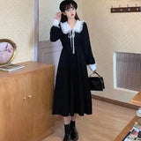 Autumn And Winter French Style Doll Collar Long Sleeve Tie Splicing Color Dress Girl Small Man Waist A Word Long Dress