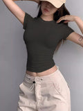 Ins Sexy Pure Desire Tight-Up Thread High-Bomb Short-Sleeved Women T-Shirts With Round Body Collar Solid-Color Bottom Top Women