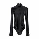 Tight-Tight High-Necked Long-Sleeved-Joined Women With Solid-Color Threaded T-Shirt T-Shirt Tops