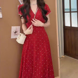 Sweet Red Blisters Bubble Sleeves V-Neck Dress Summer New Gentle Temperament High-Waist Vacation A Long Dress Woman