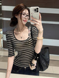 2026 Sunscreen Striped U-Neck Short-Sleeved T-Shirt For Girls Summer Slimming Temperament Lady Waist Babes Sleeve Top