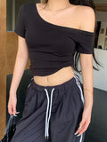 Ins Pure Hot Girl Shoulder Collar Temperament Body Short Sleeve T-Shirt Female Tightness Bottom Hottie Top Female Tide