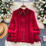French Design Sense Of A Small Chic Top Female Heavy Industry Nail Lace Splicing Bead Mesh Yarn Shirt Female Gentle Wind