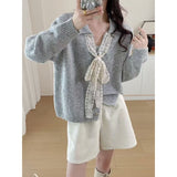 Kaning French V-Neck Bow Tie With Collar Knitted Shirt 2026 Autumn Dress Korean Wearing Lazy Wind Sweater