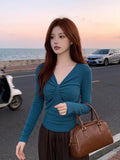 Korean High-End Kinesy V-Neck Thread Long-Sleeved T-Shirt Women's 2026 New Early Autumn Repair Bottom Shirt Top