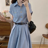 New French High-End Blue Striped Shirt Dress Female Summer Polo Dress