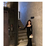 Autumn Sexy Style Pure Color Low-Necked Long Sleeve Dress Female Senior Feel Waist-Buffed Fishtail Long Dress