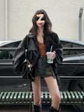 Black Retro Locomotive Collar Pu Leather Coat Female Cool Wind 2025 Spring And Autumn New Leather Jacket Locomotive Top