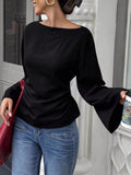 Sexy Ins Boat Tie With Horn Sleeve T-Shirt For Girls Spring And Autumn Waists Long Sleeves Bottom Women's Top