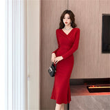 Sexy Babes Style Temperament V Collared Long-Sleeved Dress Women's New Winter Slimming And Hips Long Skirt