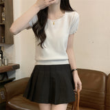 Korean Version Of The Pure Color Simple Square Collar Short-Sleeved Knitting Shirt Casual Age Reduction Slim Slim Short-Term Blouse