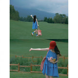 Chicly Beautiful Korean Gentle Wind Blue Belly-Shaking Age-Down Sling Dress Women's Milk Wearing Summer Skirt