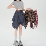 Real Shooting Irregular Strapped Plaid Shirt Half-Dress College High Waist Thin Anti-Skinny Babes A Short Skirt