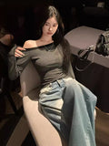 Ins Sexy Pure Hottie Word Shoulder Long-Sleeved T-Shirt Girl Retro Stripe Long Sleeves Bottom Shirt Female Tide