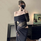 Lightly Familiar Sister Wind Shoulder Hollow Dress Girl Spring And Autumn Tight-Lender Hips Skirt Dress Dress Dress Dress Dress Dress Dress
