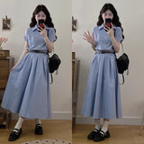 New French High-End Blue Striped Shirt Dress Female Summer Polo Dress