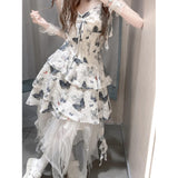 French Design-Sensitive Butterfly-Print Sling Dress Women's Summer Irregular Net Yarn Half-Dress Fashion Dress