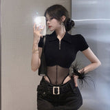 Hottie Style Sexy Mesh Splicing Short-Sleeved T-Shirt Women's Summer Design Feels Waist Tight Thin Body Blouse