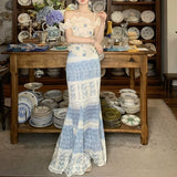 [Baby Ning] French Open Shoulder To Close The Waist Petal Crushed Flower Top + Gradually Changed Fishtail Half Skirt Woman Two-Piece Skirt
