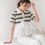 Multiplication Large Quantities Of Summer New Striped Splicing Stand-Up Women's Cotton Short-Sleeved Shirt Clip Cotton Top