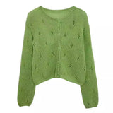 KANING Autumn Summer Green Knitted Cardigan Romantic Hollow Hook Flower Gentle Goddess Soft-Cooked Outside The Girl