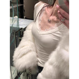 Pure-Want Sexy Lace Lace V Collar Bottom Shirt Women Autumn And Winter Thread De-Velvet Slim Slime Inside The Clothes