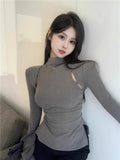 Grey Half-Neck Knitted Jersey Women Autumn Long-Sleeved Hollow Body Tight Open Fork Inside The Design Feel Bottom Top