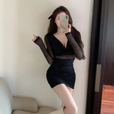 Fashionish Black Perspective Mesh Dress Women's Autumn And Winter New Pure-Fensive Style Sexy Body-Body-Bender-Bum Skirt