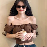 Summer Design With A Word Shoulder-Sleeved T-Shirt Women's Sweet Spicy Style Sexy Repair Short-Sized Blouse Tide