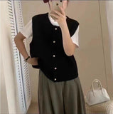KANING Korean Round-Neck Solid Color Knitted Vest Women Stacked In Autumn And Winter New Single Buckle Loose Outer Sweater