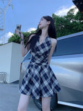 [Original Practice] French V-Neck Hanging Neck Lattice Dress Women's New Summer Temperament To Be Short