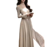 [Snow] Gentle Atmosphere Feel Lace V-Neck Knitted Dress Women Autumn Waist Thin A Long Dress