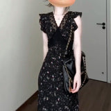 Black Lace Spliced Broken Floral Dress 2025 Summer Holiday Style French Temperament Unique Beautiful Threotier