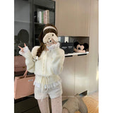 KANING Korean Sweet Fake Two Lace Side Knitted Cardigan Women 2026 Autumn New Waist Reduction Age Sweater
