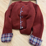 KANING Fake Two-Piece Round Collar Splicing Lattice Sweater 2026 Autumn New Korean Loose Leisure Knitted Open Shirt