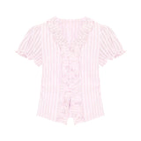 Designing A Blue Wood Ear Striped Soaked Women Summer Niche Age-Down V-Neck Collar Thringing Thin Short Sleeve Top