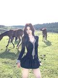 Hottie Lattice Tie Spliced Long-Sleeved Girl Spring Autumn Blouse Chic Niche Ponopne Half-Dress Skirt Suit