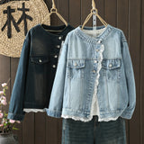 2026 Spring Fashion Women's Temperament Slimy Size Slimming Age Loose Lace Splicing Denim Jacket Female