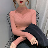 Half-High-Necked Sweater Women's Autumn And Winter New Korean Engraving Lace Mesh Yarn Hollow With Knitted Bottom Shirt Women's Top