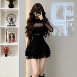 Sexy Solid Color Mesh Splicing Long-Sleeved High-Necked Cake Skirt Women's Spring High-Sensing French Banquet Dress Short Skirt