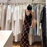 Vintage V-Necked Ling Grid Yarn Sling Dress Women's Summer Seaside Holiday Temperament Wind Bag-Puffed Long Dress