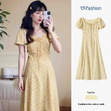 French Lotus Side Bubble Sleeve Yellow Broken Flower Dress Dress Women's Summer 2025 New Design Feeling Waist Skirt